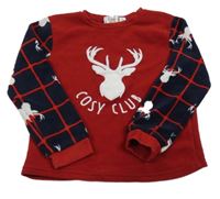 Vínovo-tmavomodré fleecové triko se sobem a kostkovanými rukávy 