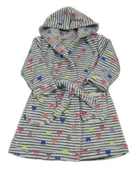 Bílo-barevný pruhovaný chlupatý župan se srdíčky a kapucí George