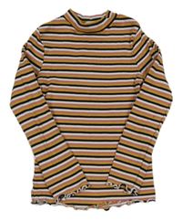 Hořčicovo-bílo-černo-růžové pruhované žebrované triko F&F