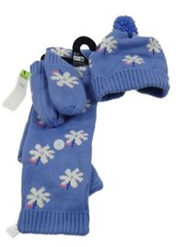 Nové - 3set - Modrá květovaná čepice s bambulí + šála + palcové rukavice M&S