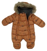 Hnědá šusťáková zateplená kombinéza s ježky a kapucí s kožešinou Primark