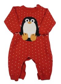 Červený puntíkatý pletený overal s tučňákem Nutmeg