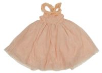 Lososové žebrované šaty s volánky a tylovou puntíkatou sukní 