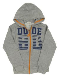 Šedá propínací mikina s nápisem a kapucí 