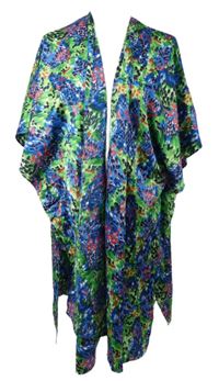 Dámský modro-zeleno-červený vzorovaný saténový cardigán 