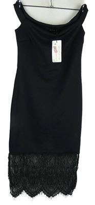 Nové - Dámské černé elastické šaty s lodičkovým výstřihem a krajkovým lemem Gossip