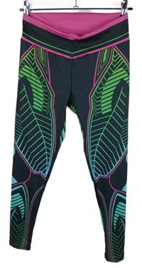 Dámské černo-zeleno-růžové vzorované sportovní legíny 