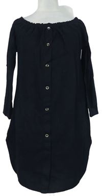 Dámské černé plátěné košilové šaty s lodičkovým výstřihem 