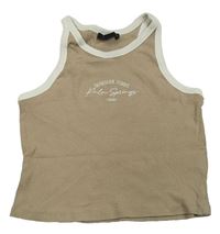 Béžovo-bílý žebrovaný crop top s nápisem New Look