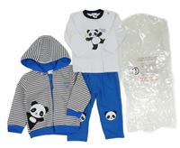 Nové - 3 set - černo-bílá pruhovaná propínací mikina s pandou a kapucí + bílé triko s pandou + modré tepláky s pandou 