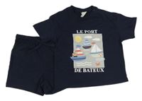 2set  - Tmavomodré tričko + bavlněné kraťasy s lodičkami H&M