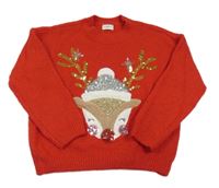 Červený třpytivý svetr se sobem a flitry zn. F&F