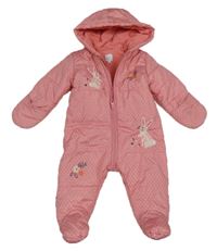 Růžová šusťáková puntíkatá zimní kombinéza se zajíčky a kapucí Bluezoo