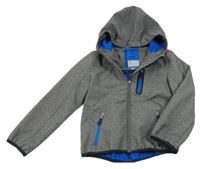 Šedá melírovaná softshellová bunda s modrými zipy a kapucí C&A