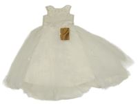 Nové - Smetanové saténovo/tylové slavnostní šaty s korálky