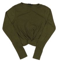 Khaki žebrované crop triko s uzlem New Look