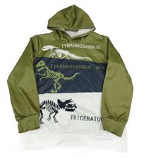 Olivovo-tmavomodro-bílá mikina s kostrami dinosaurů a kapucí 