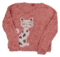 Růžový chlupatý svetr s kočkou S. Oliver 