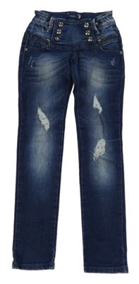 Tmavomodré skinny rifle s knoflíky a prošoupáním