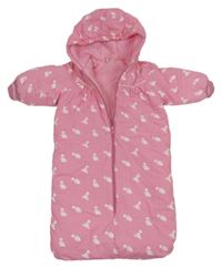 Růžový šusťákový zimní fusak s medvídky a kapucí 