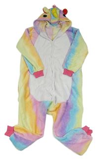 Barevná pruhovaná chlupatá kombinéza s kapucí - jednorožec