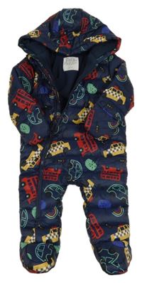 Tmavomodrá šusťáková zimní kombinéza s auty a kapucí F&F