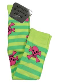 Nové - Neonově zeleno-žluté pruhované nadkolenky s lebkami vel. 31-34