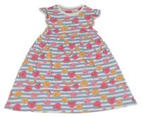 Modro-bílé pruhované bavlněné šaty s jahůdkami a duhami 