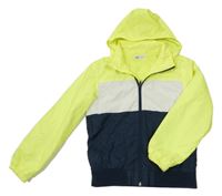 Tmavomodro-neonově žluto-bílá šusťáková podzimní bunda s kapucí H&M