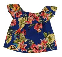 Safírový halenkový crop top s květy a lístečky a papoušky a volánkem PRIMARK