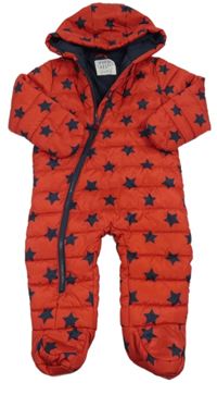 Červená prošívaná šusťáková zimní kombinéza s hvězdičkami a kapucí F&F