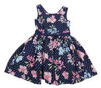Tmavomodré puntíkaté šaty s růžemi a páskem Matalan