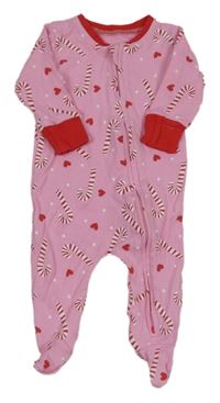 Růžovo-červený puntíkatý vánoční overal s lízátky a srdíčky Matalan