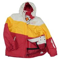Nové - bílo-tmavožluto-malinová šusťáková zimní lyžařská bunda s nápisem  odepínací kapucí active