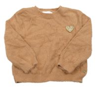 Karamelový melírovaný chlupatý svetr se srdíčkem a třpytkami K3