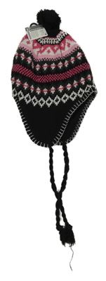 Nové - černo-bílo-růžová vzorovaná čepice s bambulí