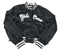 Černo-bílý saténový baseballový jarní crop bomber s nápisem a pruhy H&M