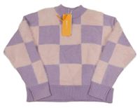 Nové - fialovo-světlerůžový kostkovaný chlupatý crop svetr ginatricot