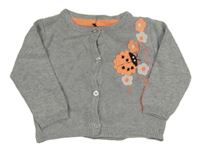 Šedý melírovaný propínací svetr s beruškou a květy 