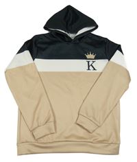 Béžoovo-bílo-černá mikina s písmenkem a kapucí