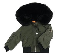 Tmavokhaki-černý šusťákový přechodový bomber s odepínací kapucí s kožešinou RIVER ISLAND