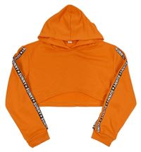 Tmavooranžová crop mikina s pruhy s nápisy a sluníčky a kapucí SHEIN