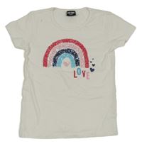 Bílé tričko s duhou z flitrů a srdíčky a nápisem FRY DAY