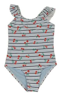 Bílo-světlemodro-tmavomodré pruhované jednodílné plavky s třešničkami a volánky PRIMARK