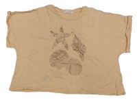 Meruňkové oversize crop tričko s mušličkami a hvězdicí MANGO