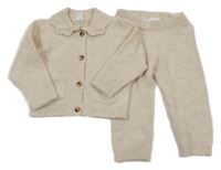 2Set - Smetanový melírovaný vlněný propínací svetr s límečkem + kalhoty H&M