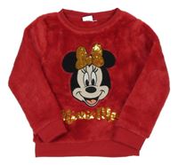 Červená chlupatá mikina s Minnie a flitry Disney