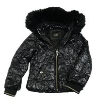 Černá koženková zimní bunda s kapucí River Island