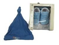 2set - Světlemodré lakované capáčky vel. 16 + modrá žebrovaná čepice s nápisem