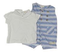 2set - Světlemodro-bílý pruhovaný bavlněný kraťasový overal + bílé tričko s límečkem Mintini